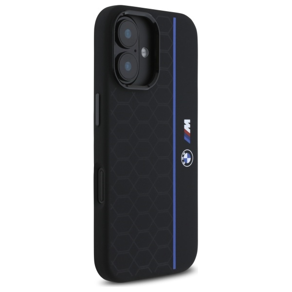 BMW iPhone 16 Case Silicone Hexagon Blue Line MagSafe - Black