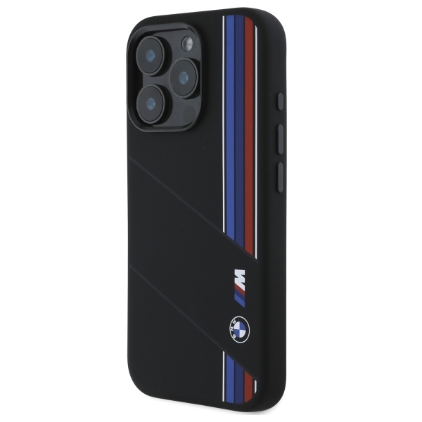 BMW iPhone 16 Pro Max vāciņš Silicone Cut Tricolor Lines MagSafe, melns