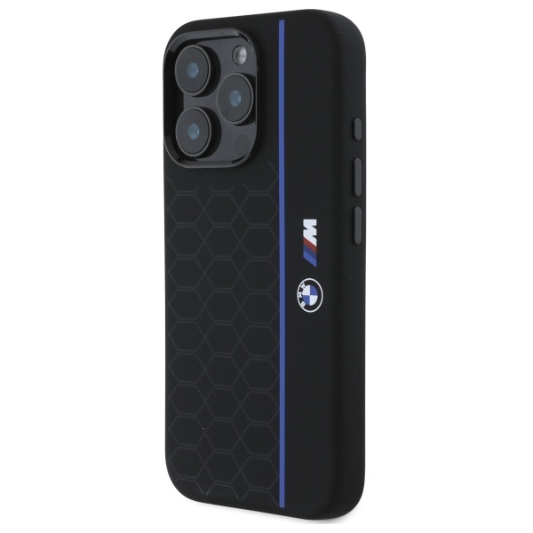 BMW iPhone 16 Pro Max Case Silicone Hexagon Blue Line MagSafe, Black