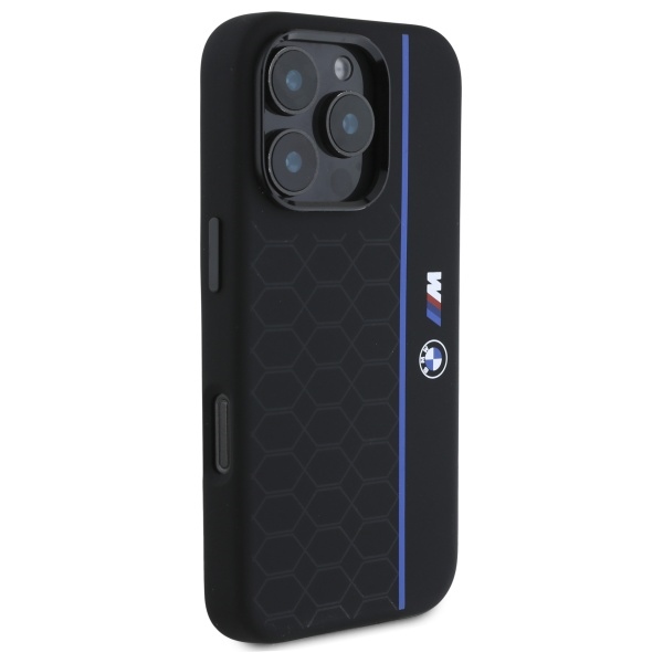 BMW iPhone 16 Pro Max Case Silicone Hexagon Blue Line MagSafe, Black