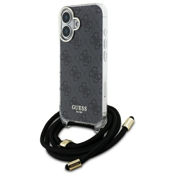 Guess iPhone 16 vāciņš Crossbody Cord 4G Print, melns