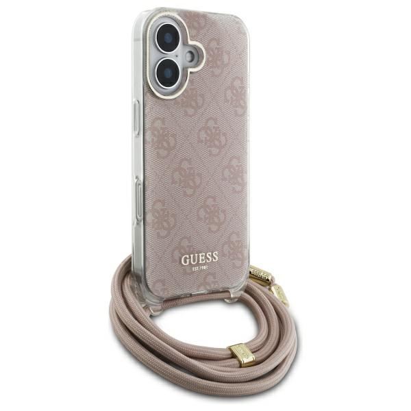 Guess iPhone 16 vāciņš Crossbody Cord 4G Print, rozā