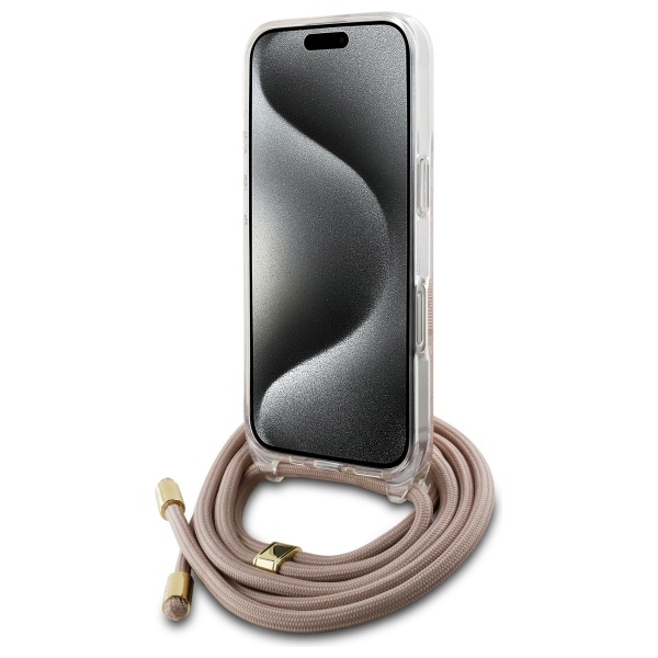 Guess iPhone 16 vāciņš Crossbody Cord 4G Print, rozā