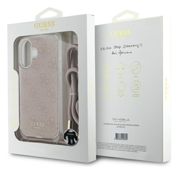 Guess iPhone 16 vāciņš Crossbody Cord 4G Print, rozā