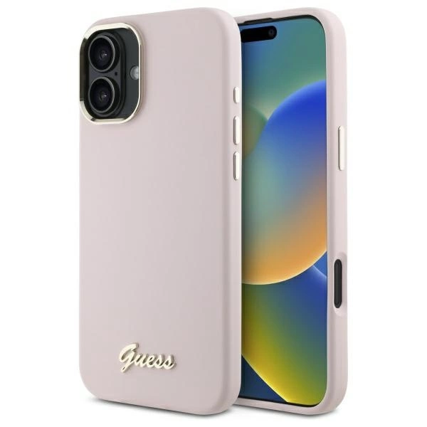 Guess iPhone 16 vāciņš Silicone Script Metal Logo & Frame, rozā