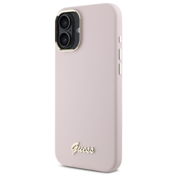 Guess iPhone 16 vāciņš Silicone Script Metal Logo & Frame, rozā
