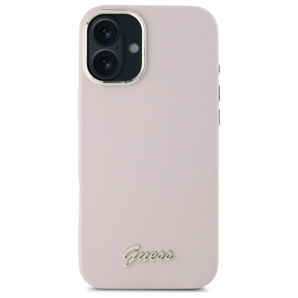 Guess iPhone 16 vāciņš Silicone Script Metal Logo & Frame, rozā