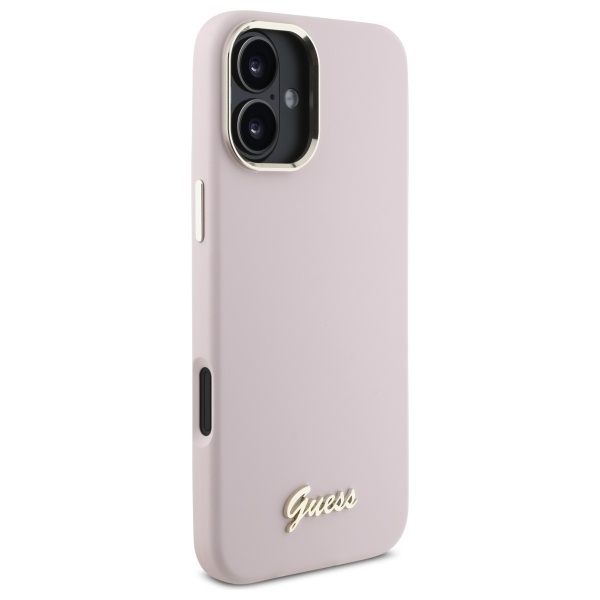 Guess iPhone 16 vāciņš Silicone Script Metal Logo & Frame, rozā
