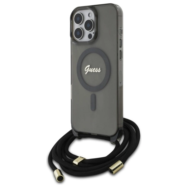 Guess iPhone 16 Pro Case Crossbody Cord Script MagSafe, Black