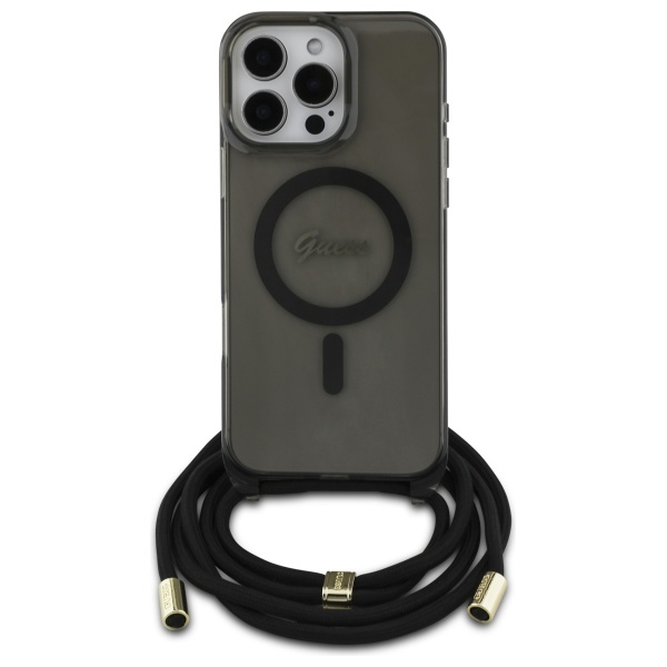 Guess iPhone 16 Pro Case Crossbody Cord Script MagSafe, Black