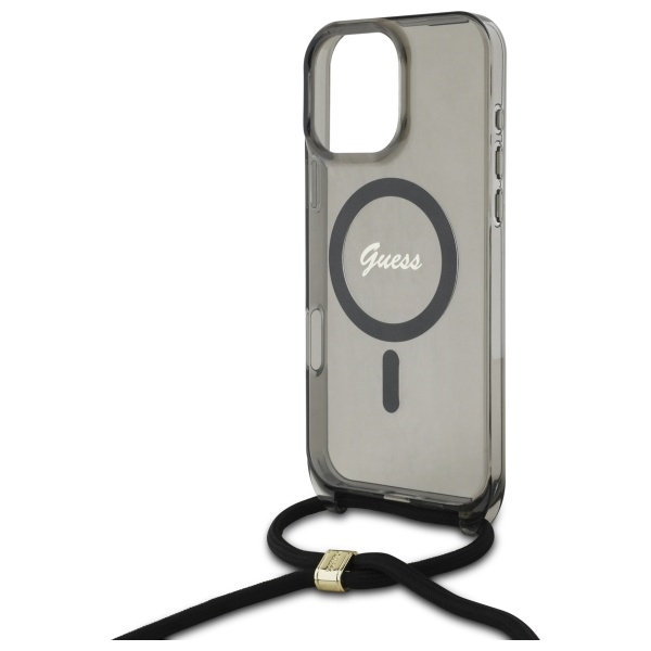 Guess iPhone 16 Pro Case Crossbody Cord Script MagSafe, Black
