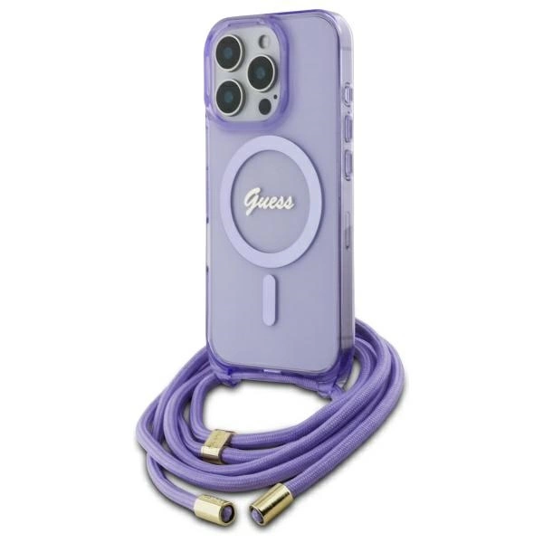 Guess GUHMP16LHCTSGNSU iPhone 16 Pro 6.3" violeti violets/krāsas cietais futrālis Crossbody Cord Script MagSafe...