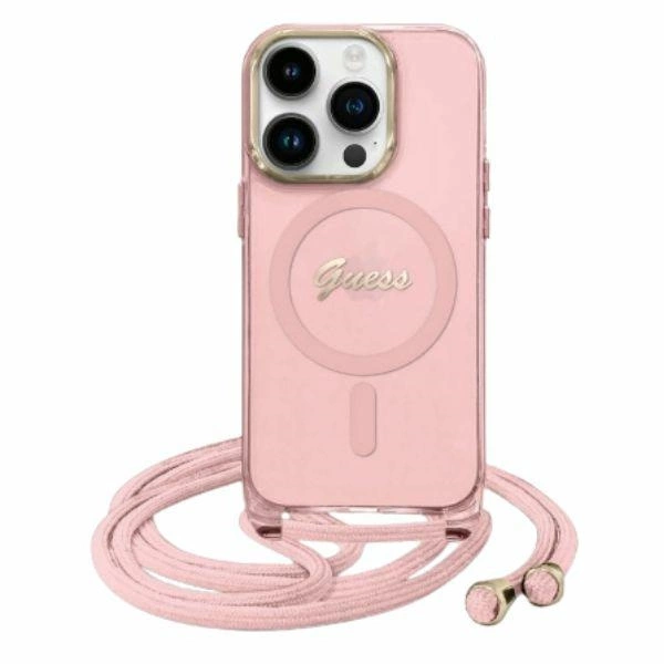 Guess iPhone 16 vāciņš Crossbody Cord Script MagSafe, rozā