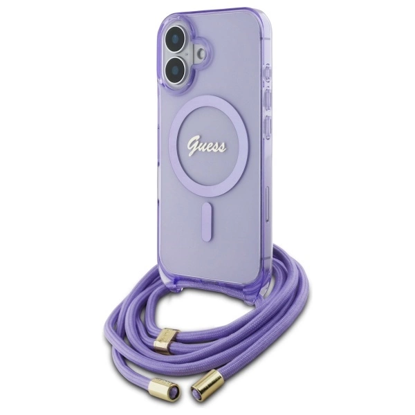 Guess iPhone 16 vāciņš Crossbody Cord Script MagSafe, violets