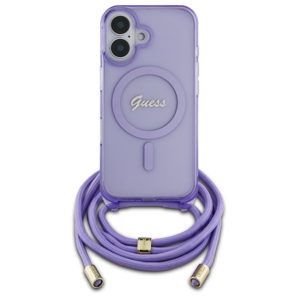 Guess iPhone 16 vāciņš Crossbody Cord Script MagSafe, violets
