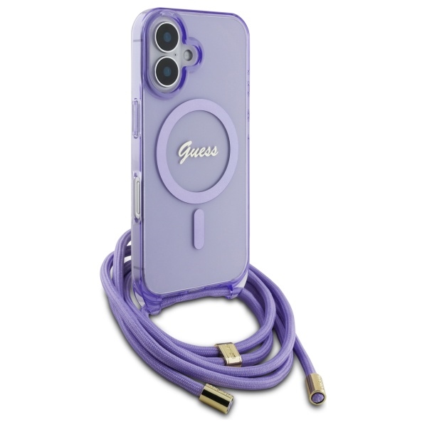 Guess iPhone 16 vāciņš Crossbody Cord Script MagSafe, violets