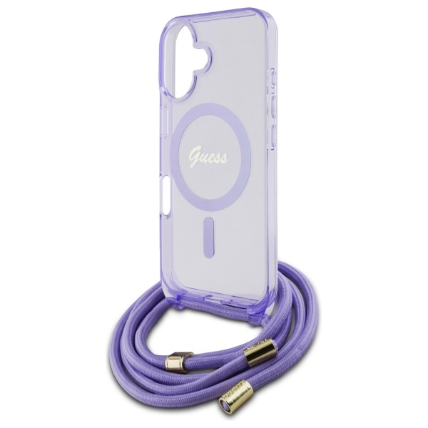 Guess iPhone 16 vāciņš Crossbody Cord Script MagSafe, violets