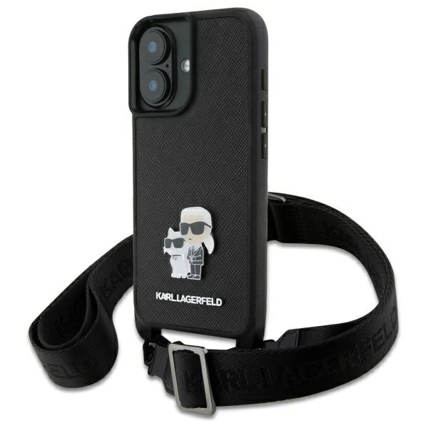 Apple iPhone 16 6.1'' Karl Lagerfeld Saffiano Karl&Choupette Metal Pin CBDY Strap Case Cover, Black