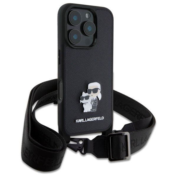 Apple iPhone 16 Pro Max 6.9\'\' Karl Lagerfeld Saffiano Karl&Choupette Metal Pin CBDY Strap Case Cover, Black