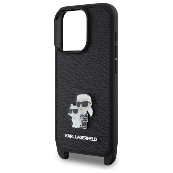 Apple iPhone 16 Pro Max 6.9\'\' Karl Lagerfeld Saffiano Karl&Choupette Metal Pin CBDY Strap Case Cover, Black