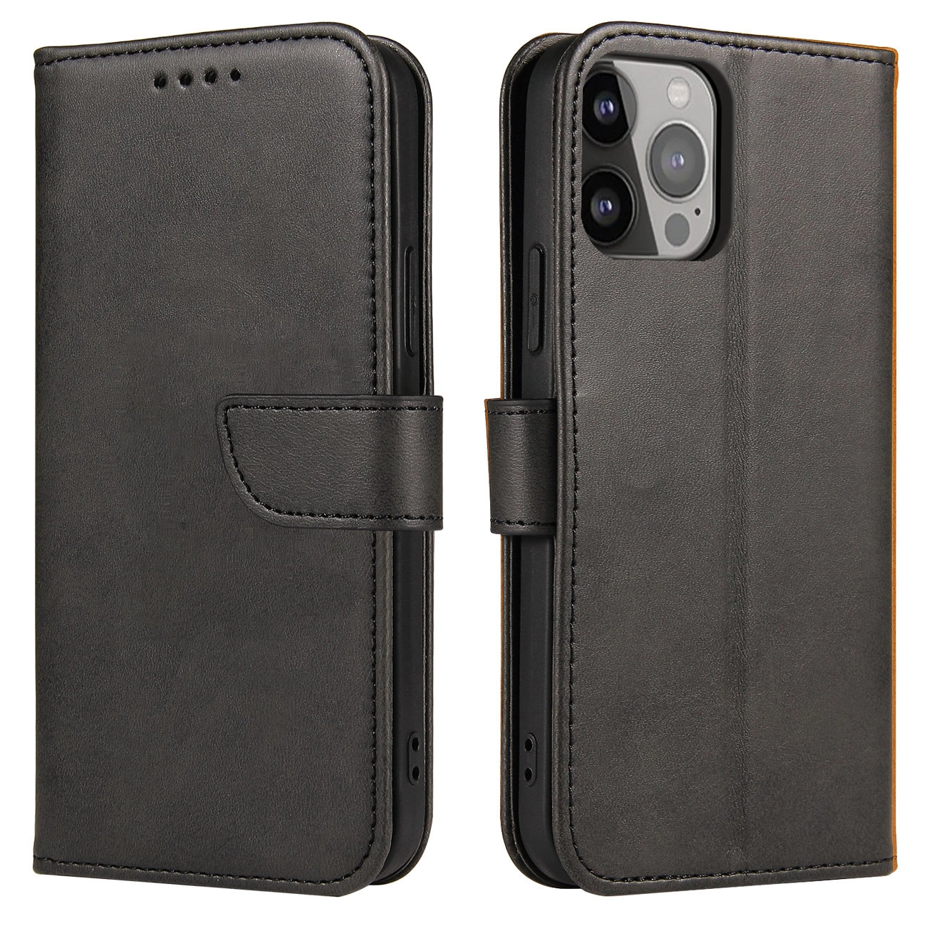 Maciņa korpuss ar statīvu iPhone 15 Pro Max Magnet Case - melns | Wallet with Stand for Black