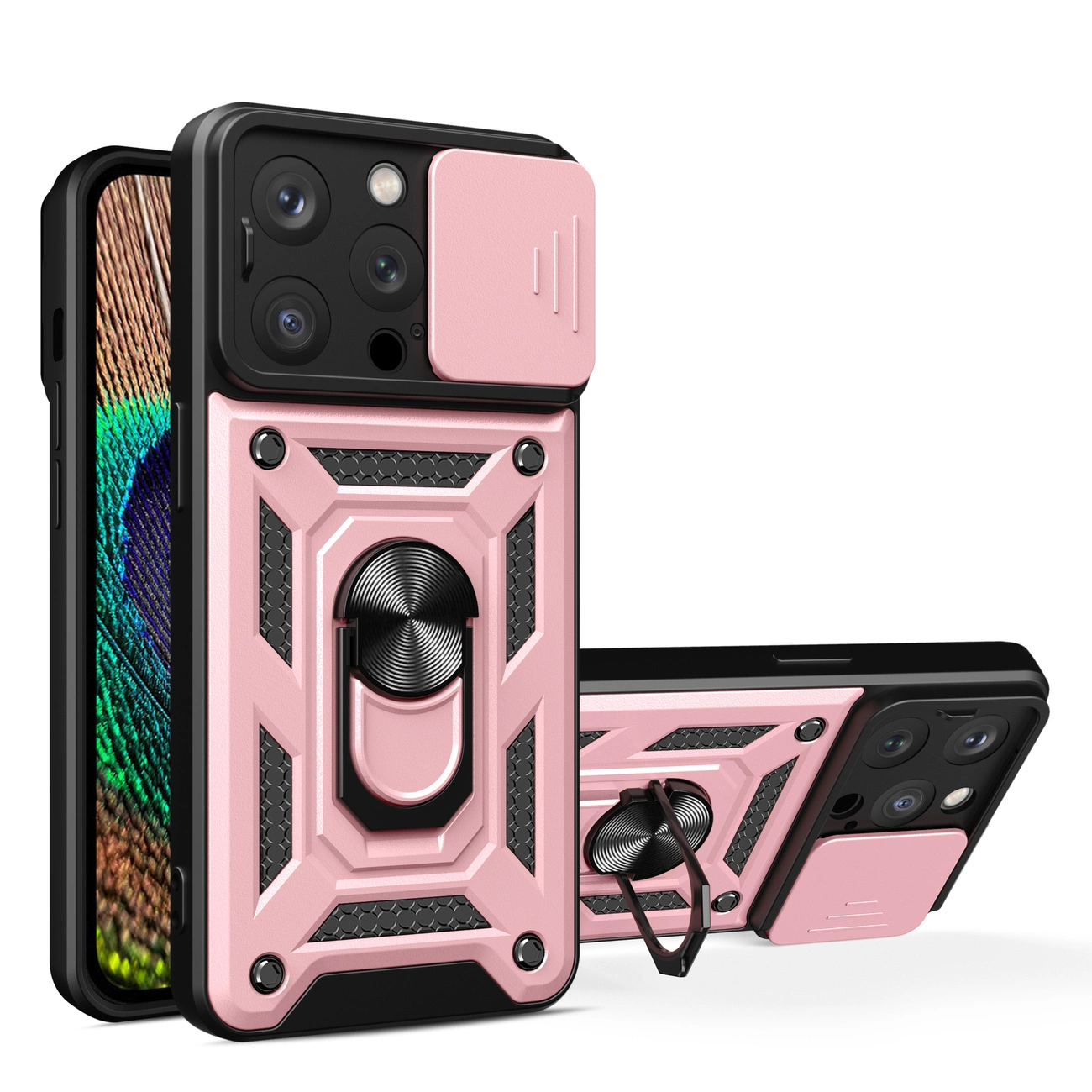 Hybrid Armor Camshield Case for iPhone 15 Pro Max with Camera Cover, Pink