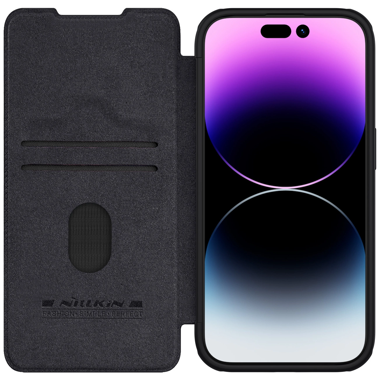 Ādas futrālis ar kameras vāciņu iPhone 15 Pro Max Nillkin Qin Leather - melns | Case with Camera Cover for Black