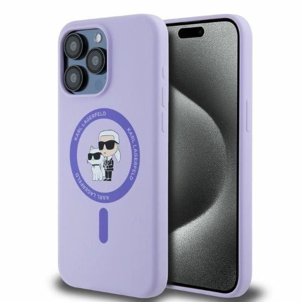 Apple iPhone 15 Pro Max 6.7'' Karl Lagerfeld Silicone Karl&Choupette Heads Ring MagSafe Cover Case, Purple