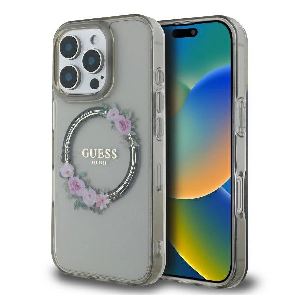 Guess GUHMP16XHFWFCK iPhone 16 Pro Max 6,9" melns/ melns cietais futrālis IML Flowers Wreath MagSafe | 6.9"...