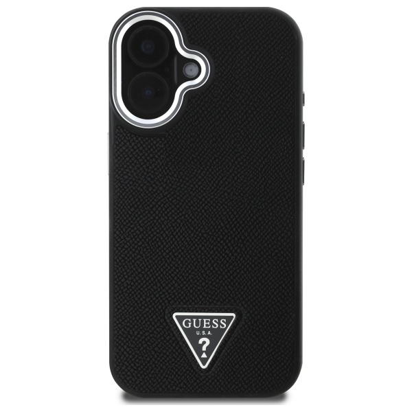 Guess iPhone 16 Plus vāciņš Grained Triangle MagSafe, melns