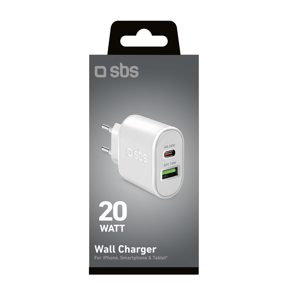 Sbs TETRPD20W 20W USB-A and USB-C Wall Charger PD, White