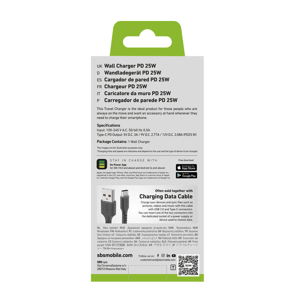Sbs TETR1CPD25 25W USB-C tīkla lādētājs ar Power Delivery, melns