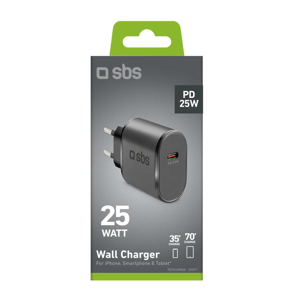 Sbs TETR1CPD25 25W USB-C tīkla lādētājs ar Power Delivery, melns
