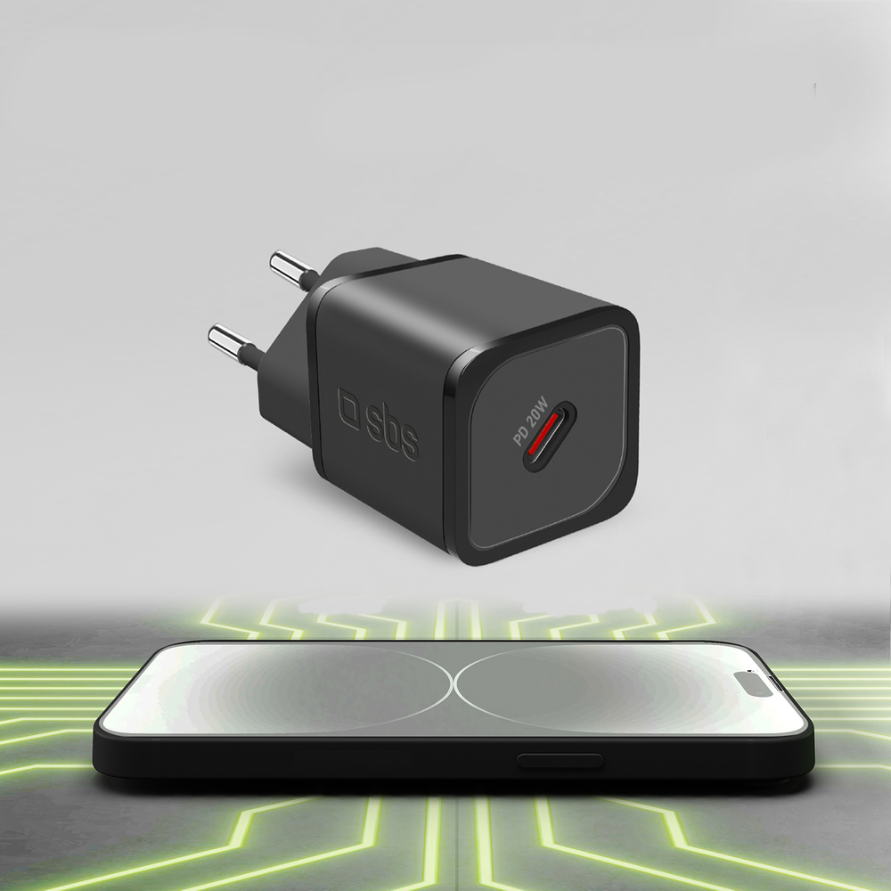 Sbs 20W GaN USB-C Wall Charger with Power Delivery, Black