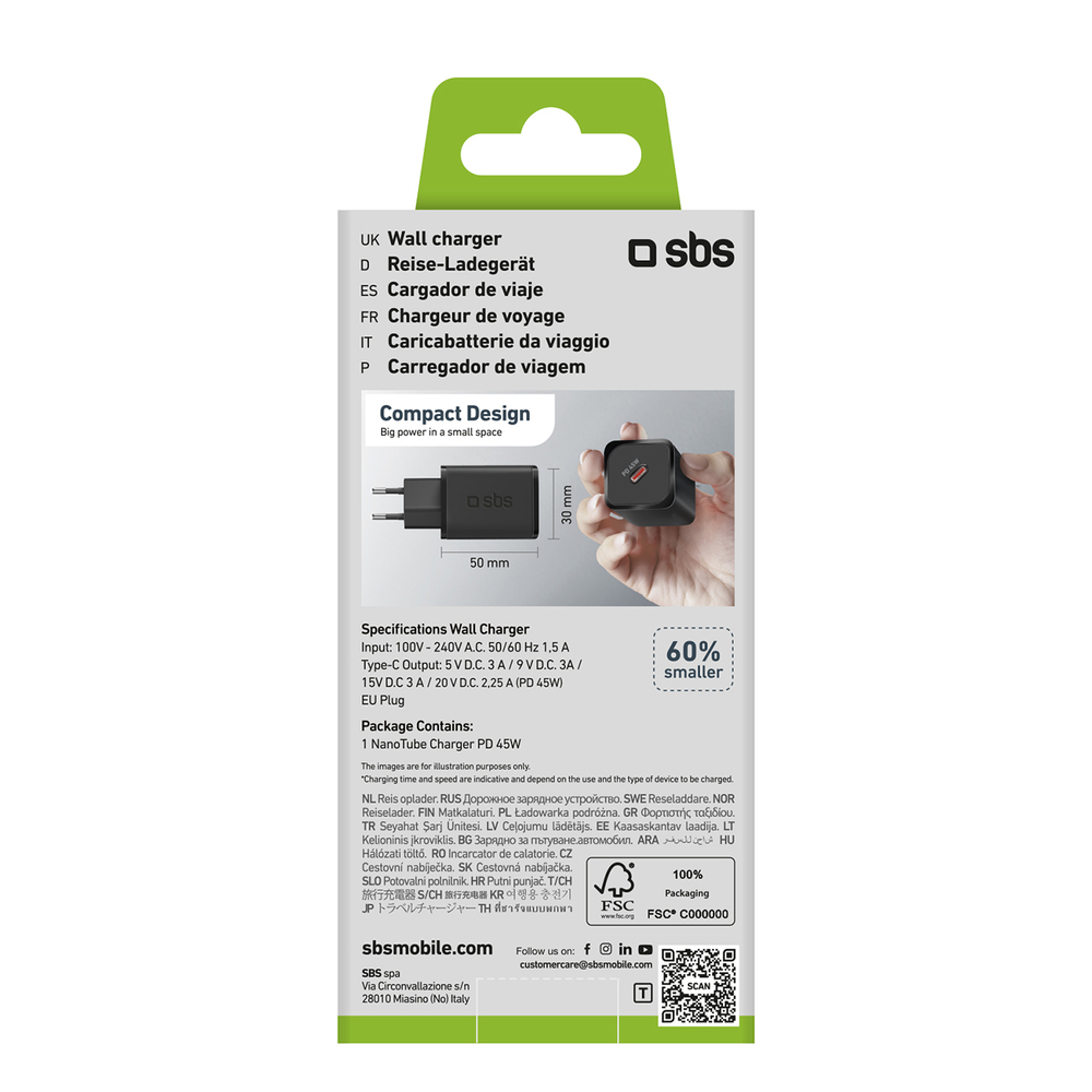 Sbs TETRGAN1C45W 45W GaN USB-C tīkla lādētājs ar Power Delivery, melns