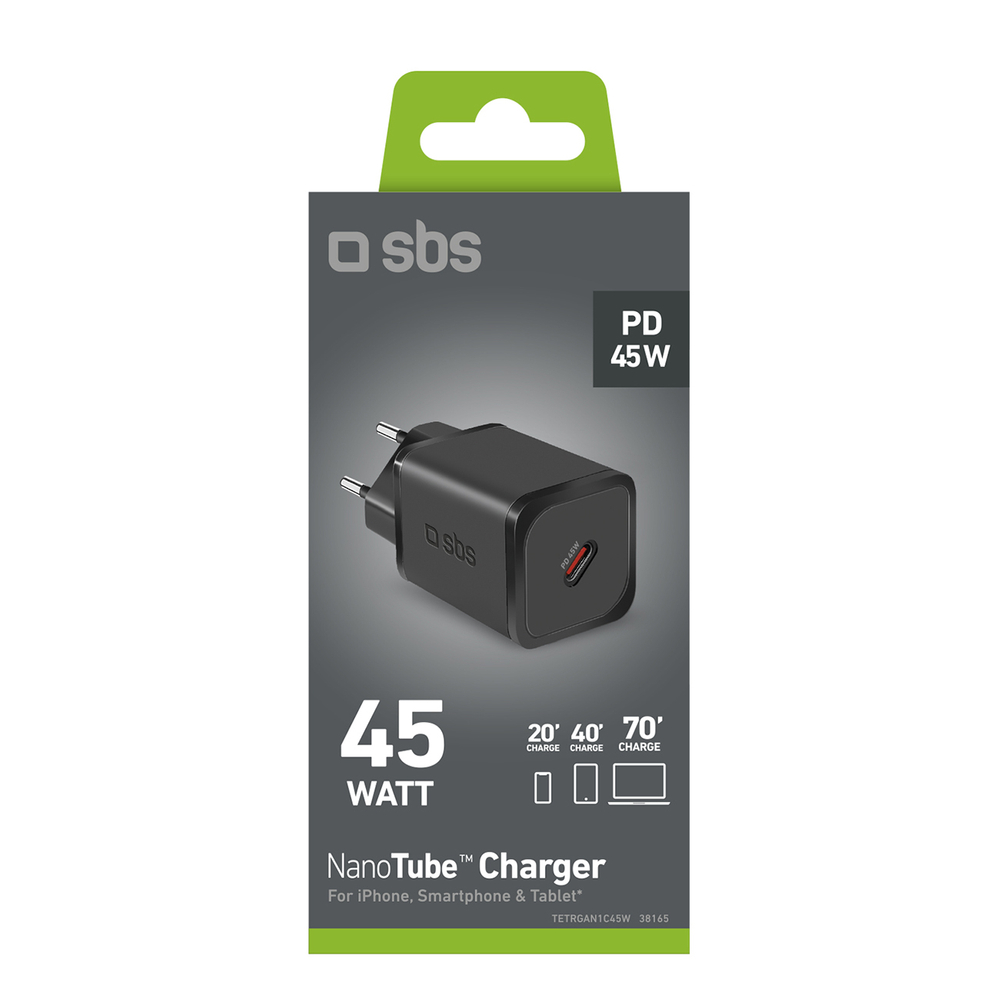 Sbs TETRGAN1C45W 45W GaN USB-C tīkla lādētājs ar Power Delivery, melns