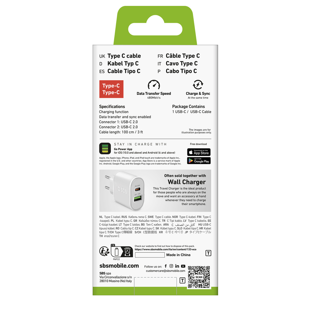 Кабель Sbs USB-C на USB-C Power Delivery 25W, 1м, белый