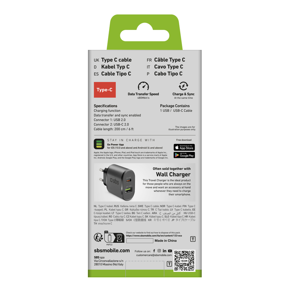 SBS USB-A to USB-C Cable (2 m), Black