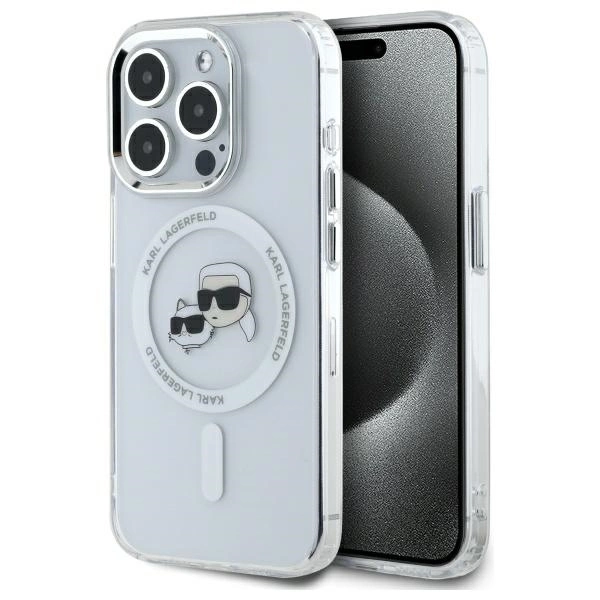Apple iPhone 15 Pro Max 6.7'' Karl Lagerfeld IML Metal Karl&Choupette Head MagSafe Case Cover, White