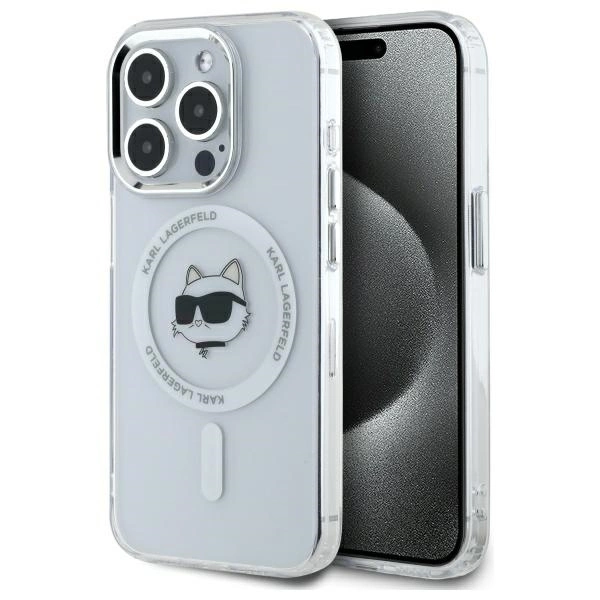 Karl Lagerfeld iPhone 15 Pro Max Case IML Metal Choupette Head MagSafe, White