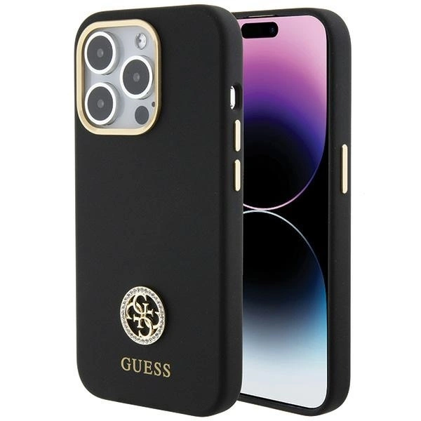 Guess silikona vāciņš ar logotipu Strass 4G iPhone 15 Pro Max - melns | Silicone Logo case for black