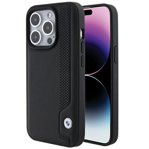 BMW iPhone 15 Pro Max vāciņš Leather Blue Dots, melns