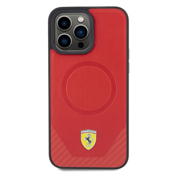 Ferrari Carbon Metal Logo MagSafe iPhone 15 Pro Max Case - Red