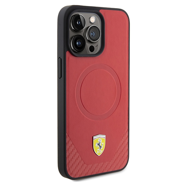 Ferrari Carbon Metal Logo MagSafe iPhone 15 Pro Max Case - Red
