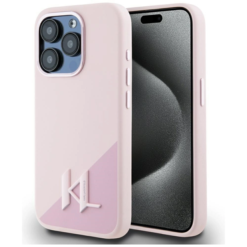 Apple iPhone 15 Pro Max 6.7" Karl Lagerfeld Silicone Shadow Metal Initial MagSafe Case Cover, Pink