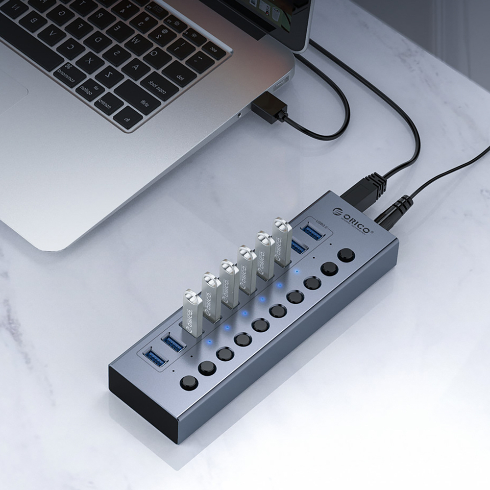 USB-A 3.0 16-port hUB with switch - gray