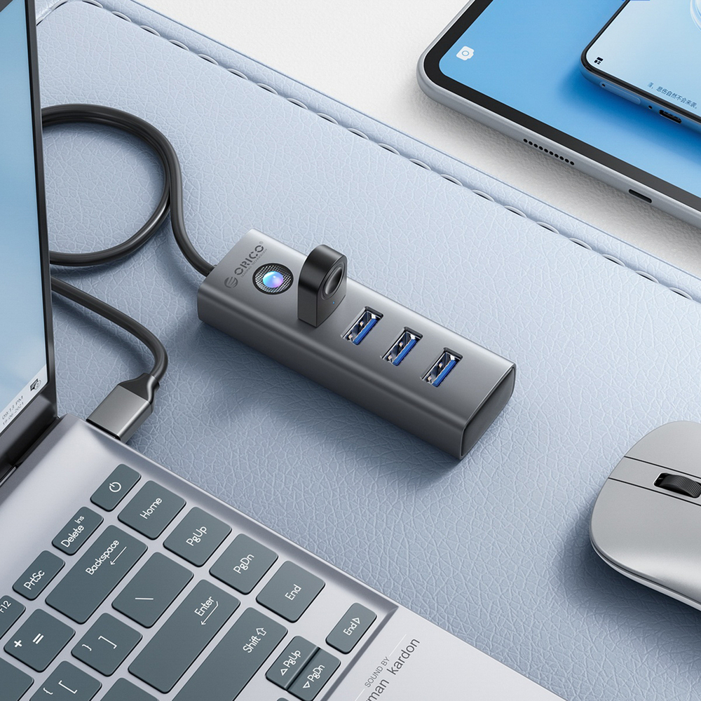 Orico PDD4U-U3 USB centrmezgls (Hub) 4x USB-A 3.0, pelēks