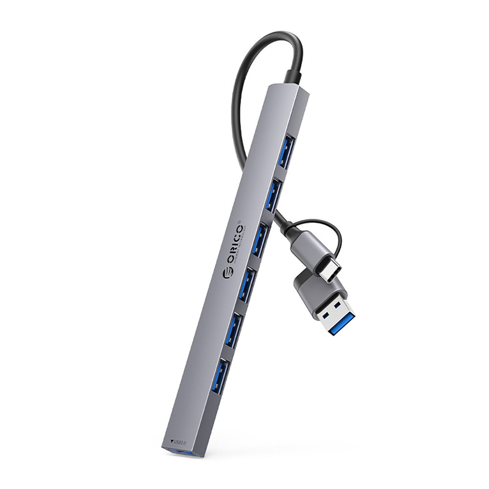 HUB 7-портовый вход 2в1: USB-A/USB-C / выход: 1x USB-A 3.0 + 6x 2.0 - серый