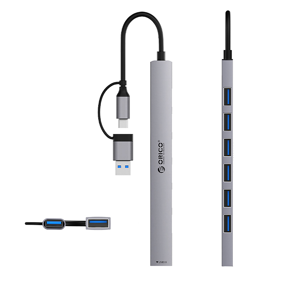 HUB 7-port input 2in1: USB-A/USB-C / output: 1x USB-A 3.0 + 6x 2.0 - gray