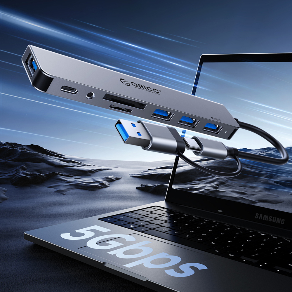 HUB 7-port input 2in1: USB-A/USB-C / output: 1x USB-A 3.0 + 6x 2.0 - gray